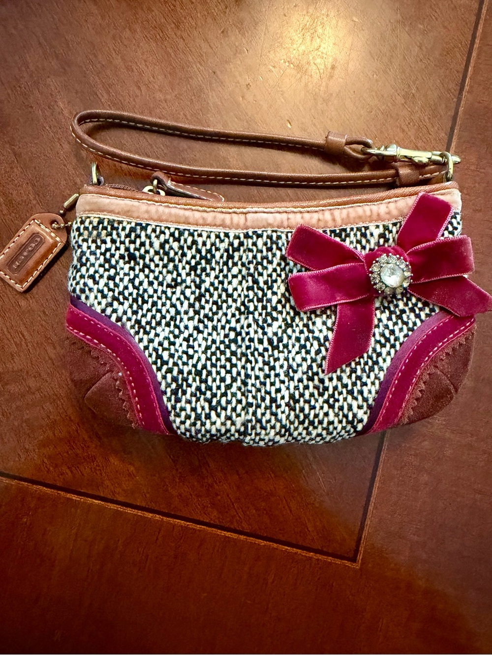 Coach Tweed Wristlet with Pink Velvet Bow and Brown Leather Trim